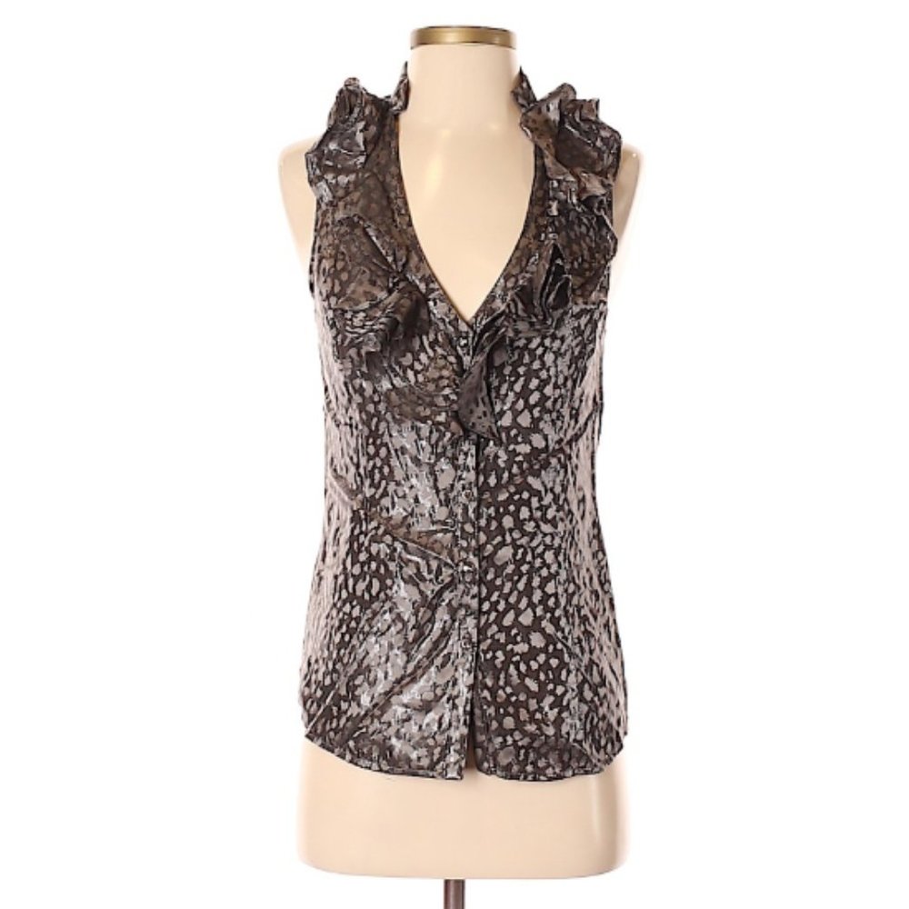 $158 LaRok Metallic Animal Print Sleeveless Ruffle Top